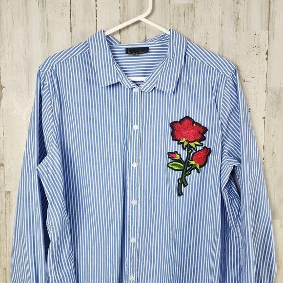 Jeans by Buffalo Striped Floral Button-Down Shirt Blue Red Size Large - Picture 9 of 9